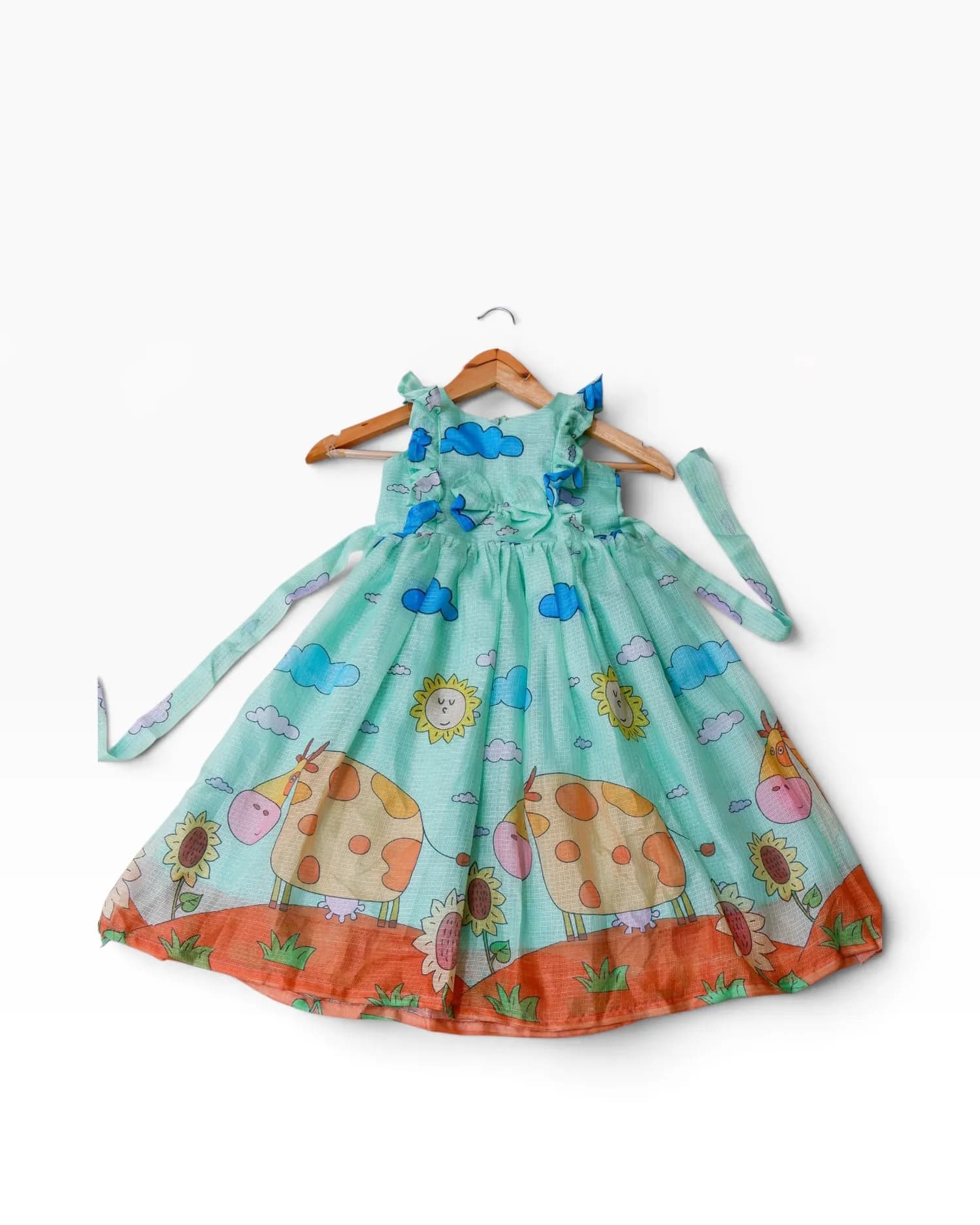 Mint Green Cow & Butterfly Print Party Frock for Girls(3-4 yrs)