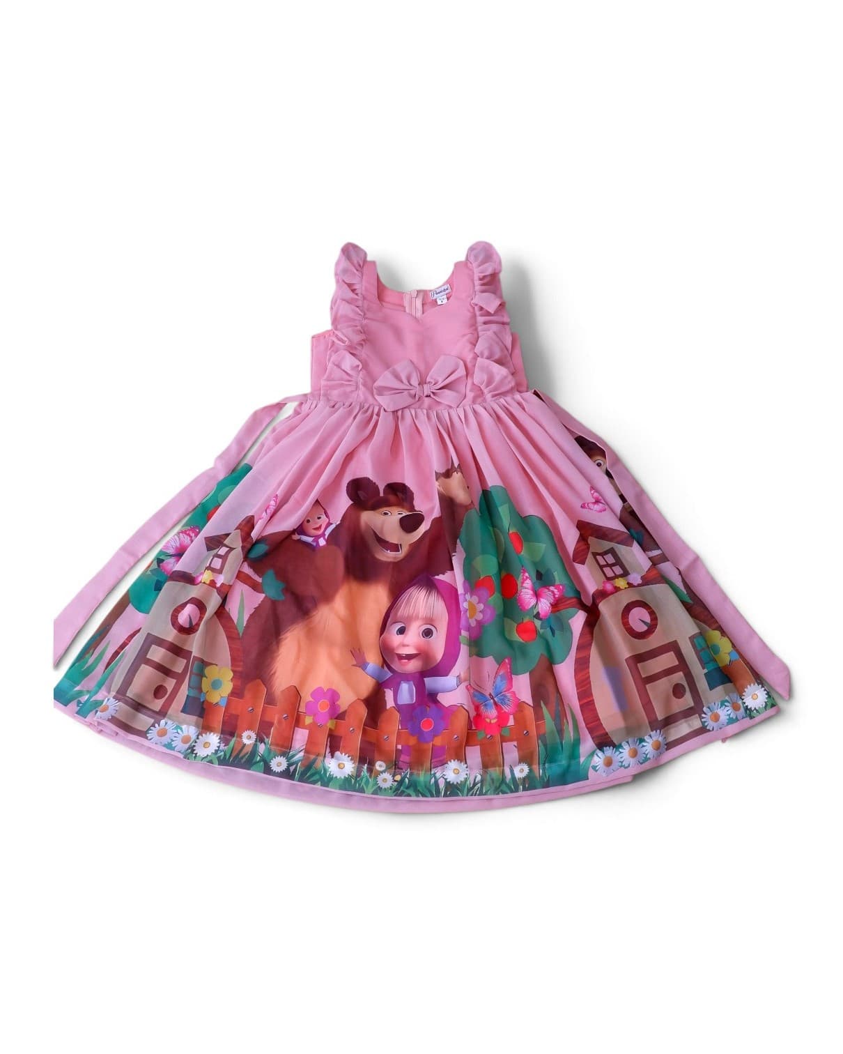 Adorable Masha and the Bear themed full frock for kids (Pink)(5-6 yrs)