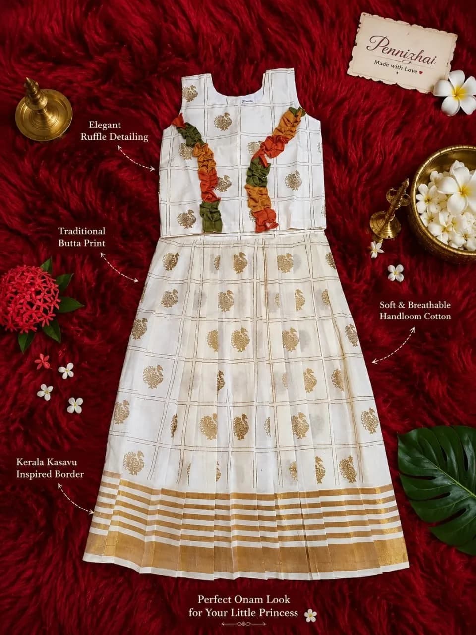 Kerala Kasavu Inspired Ruffle Frock Set for Little Princess(3-4 yrs) - Image 1