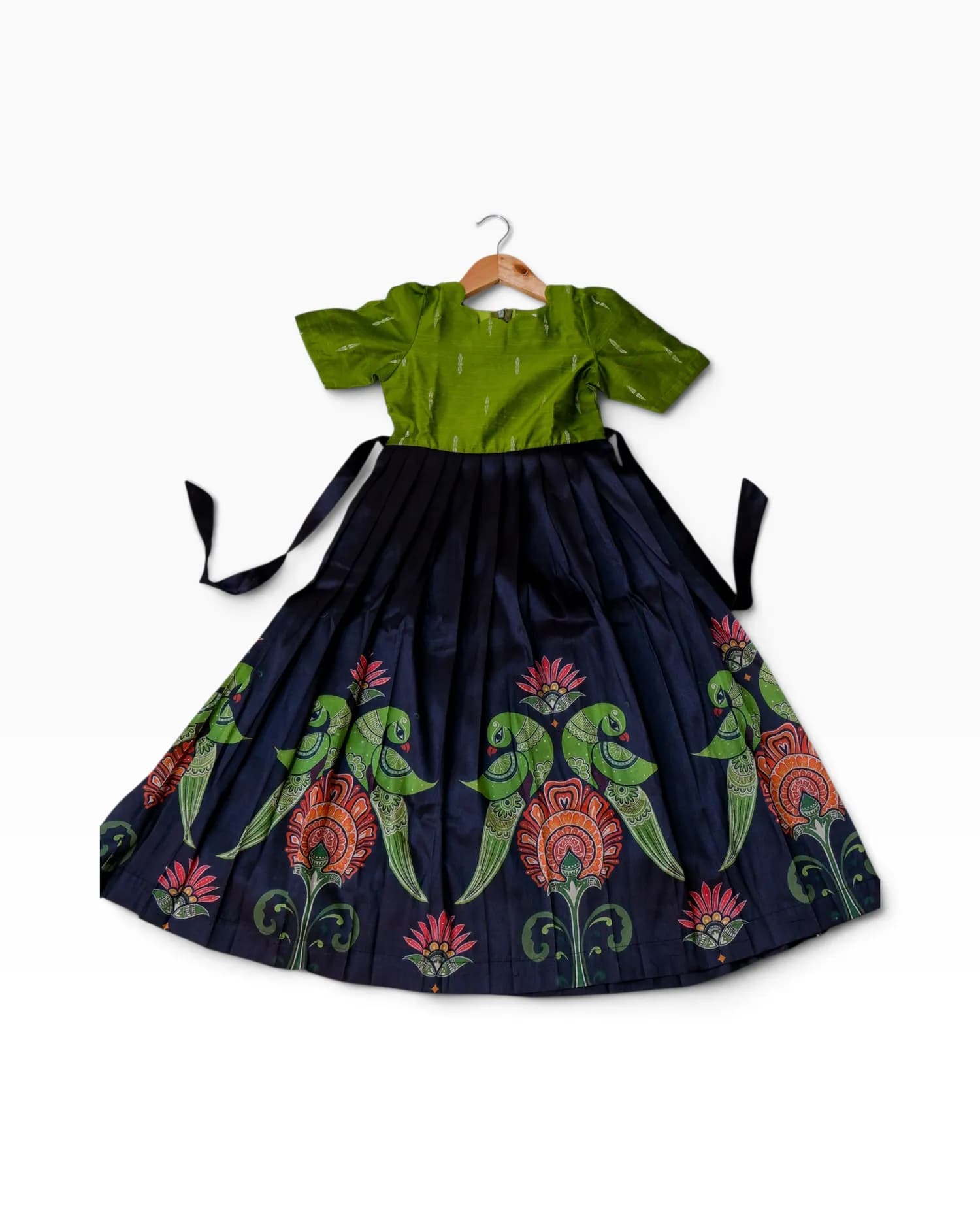 Green & Black Parrot Print Pleated Frock for Girls(7-8 yrs)